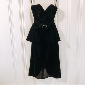 Vintage 80’s Black Velvet Strapless Peplum Dress